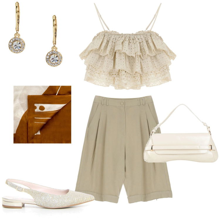 Outfit donna - Total look #2181651. Stile Chic per Serata fuori. Abbinamento con borse a mano, sciarpe, bermuda, top, orecchini, décolleté.
