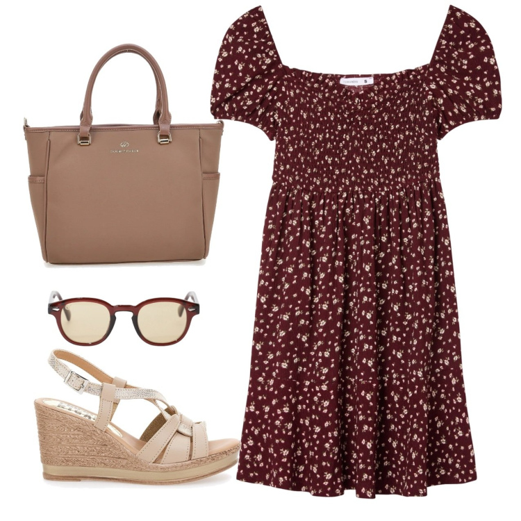 Outfit donna - Romantica. Stile Romantica per Tutti i giorni. Abbinamento con vestiti corti, occhiali da sole, sandali, borse a tracolla.