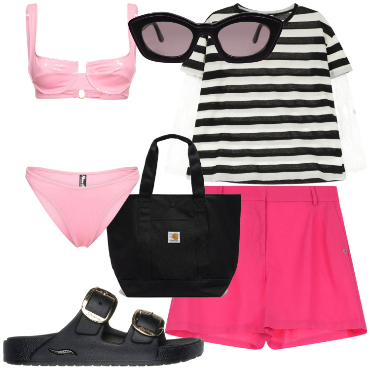 Outfit donna - Maglia a righe. Stile Basic per Mare. Abbinamento con occhiali da sole, shorts, t-shirt, ciabatte, bikini, borse tote.
