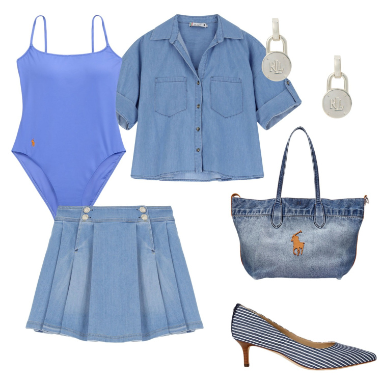 Outfit donna - Total look #2181654. Stile Casual chic per Mare. Abbinamento con minigonne, camicie, décolleté, orecchini, borse tote, costumi interi.