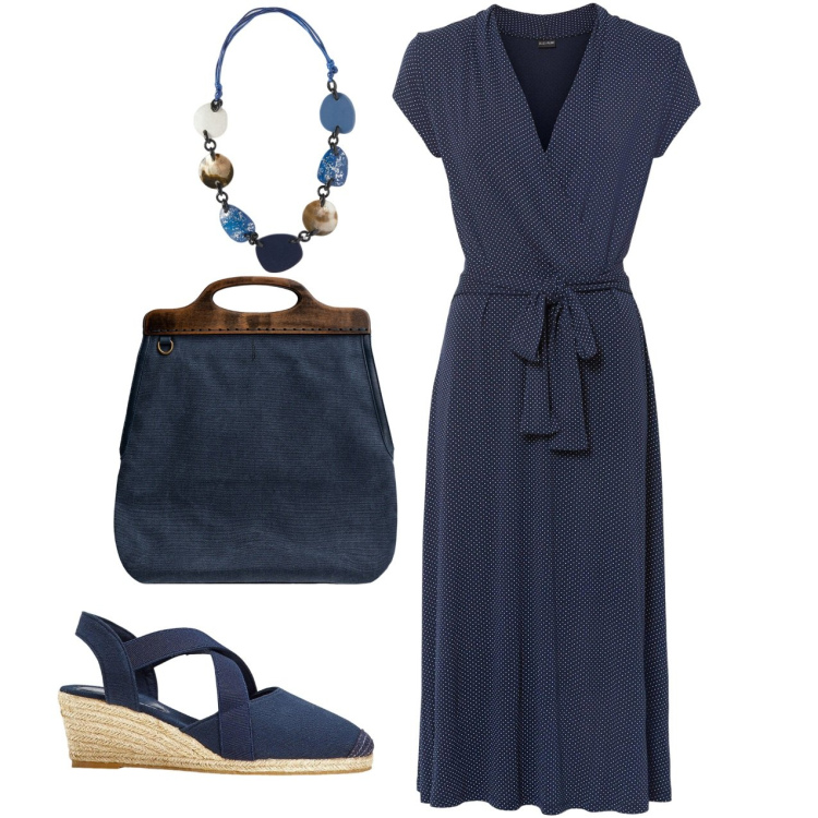 Outfit donna - Total blu. Stile Bon Ton per Ufficio. Abbinamento con vestiti midi/longuette, sandali col tacco, borse a tracolla, collane.