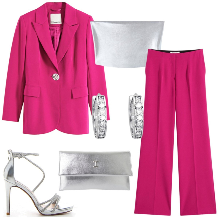 Outfit donna - Cerimonia in tailleur. Stile Chic per Cerimonia. Abbinamento con pantaloni, blazer, top, orecchini, pochette, sandali col tacco.