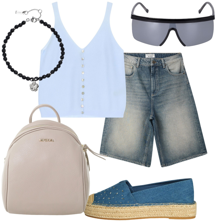 Outfit donna - Al concerto. Stile Sporty chic per Tutti i giorni. Abbinamento con bermuda, espadrillas, braccialetti, top, zaini, occhiali da sole.