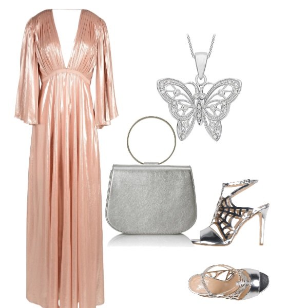 Outfit donna - Chic #18537. Stile Chic per Cerimonia. Abbinamento con vestito lungo senza tasche effetto laminato scollatura profonda con zip interno foderato crêpe, sandali effetto laminato con tacco spillo e fibbia con punta tonda tinta unita, collana argento, shopping bag argento.