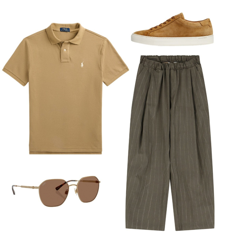 Outfit uomo - Gessato trendy. Stile Casual per Tutti i giorni. Abbinamento con pantaloni, polo, occhiali da sole, sneakers.