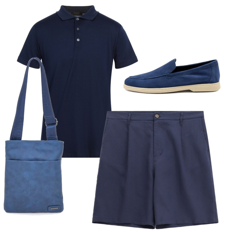Outfit uomo - Blu notte. Stile Casual per Tutti i giorni. Abbinamento con polo, bermuda, portafogli, scarpe stringate.