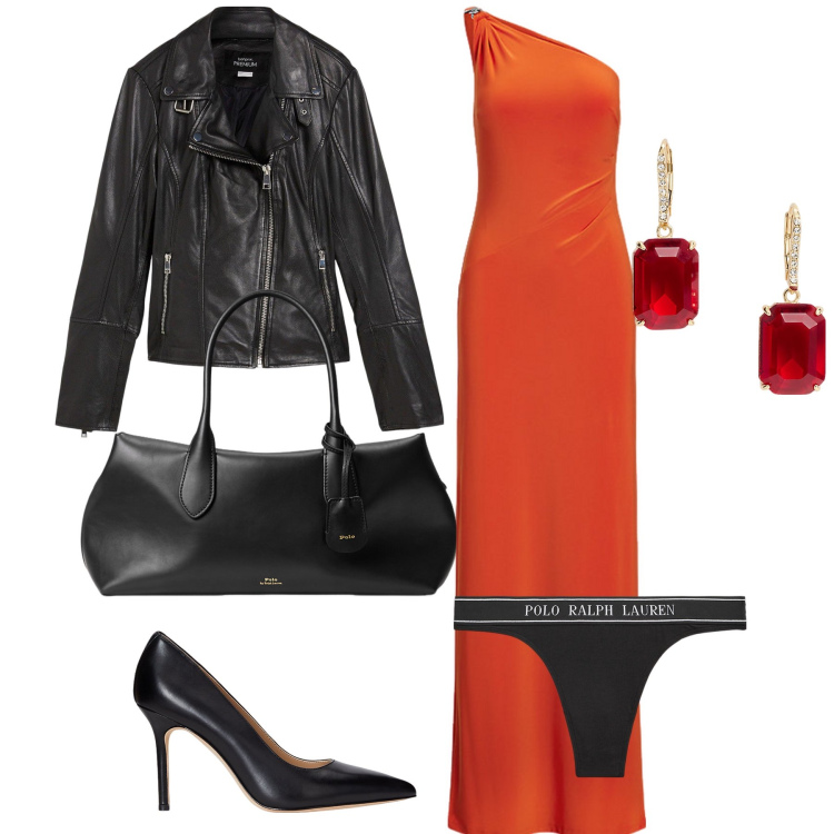 Outfit donna - Super sexy serata. Stile Sexy per Serata fuori. Abbinamento con blazer, borse a mano, perizomi, décolleté, orecchini, vestiti asimmetrici.