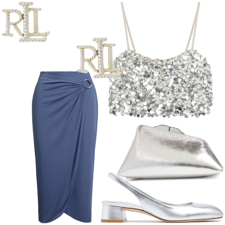 Outfit donna - Gonna a portafoglio e silver. Stile Glamour per Serata fuori. Abbinamento con top, orecchini, gonne, pochette, décolleté.
