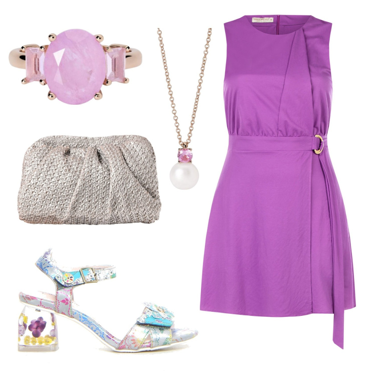 Outfit donna - Color curvy. Stile Chic per Ufficio. Abbinamento con anelli, collane, clutch, vestiti, sandali col tacco.