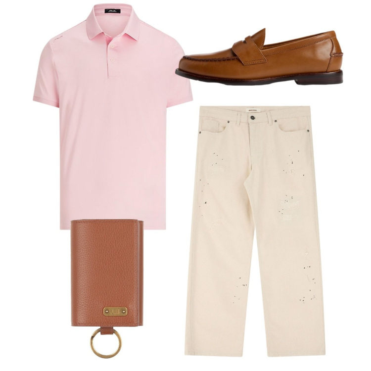 Outfit uomo - Rosa. Stile Casual per Tutti i giorni. Abbinamento con portachiavi, pantaloni, scarpe stringate, polo.