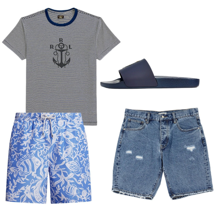 Outfit uomo - Mare. Stile Casual per Mare. Abbinamento con bermuda, sandali, costumi, t-shirt.