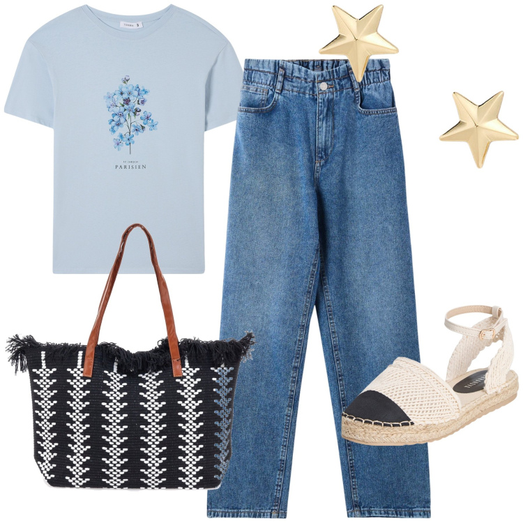 Outfit donna - Fiorellini e stelline. Stile Basic per Tutti i giorni. Abbinamento con t-shirt, espadrillas, jeans, orecchini, borse a spalla.