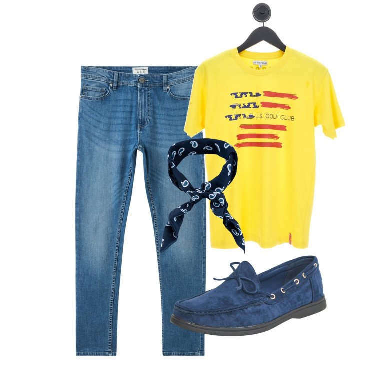 Outfit uomo - Giugno. Stile Casual per Tutti i giorni. Abbinamento con scarpe stringate, jeans skinny, sciarpe e foulard, t-shirt.