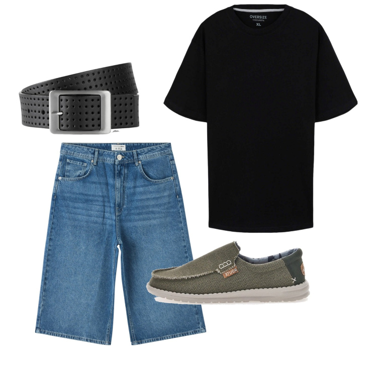 Outfit uomo - Giugno. Stile Casual per Tutti i giorni. Abbinamento con cinture, pantaloni corti, t-shirt, scarpe stringate.