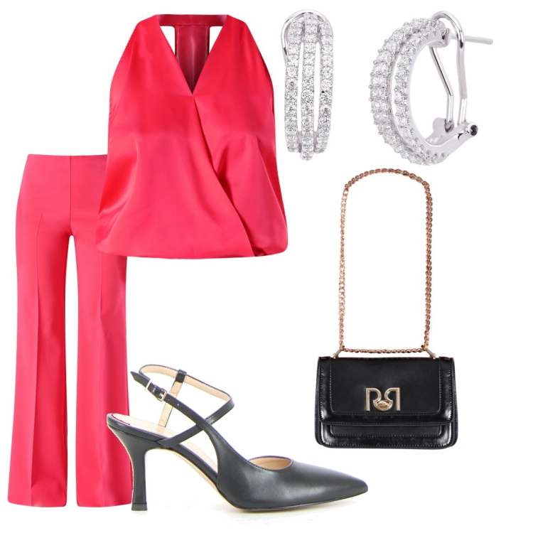 Outfit donna - Coordinati leggeri e chic. Stile Chic per Serata fuori. Abbinamento con top, pantaloni a palazzo, borse a tracolla, orecchini, sandali col tacco.