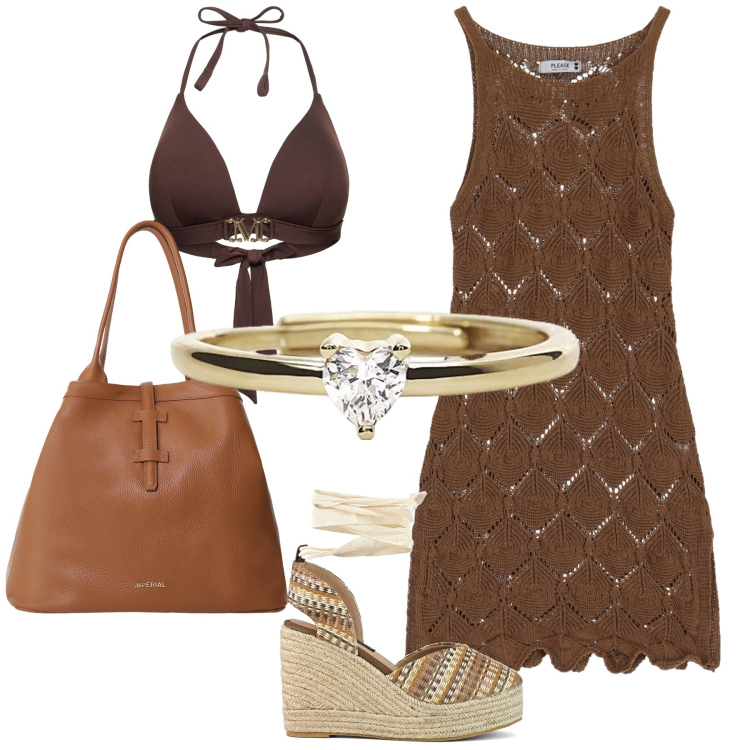 Outfit donna - Caffe con lui in spiaggia. Stile Trendy per Mare. Abbinamento con anelli, vestiti corti, borse tote, zeppe, bikini.