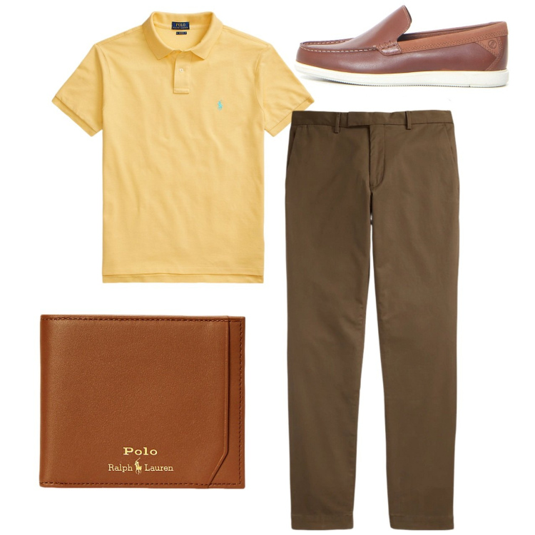 Outfit uomo - Polo. Stile Casual per Tutti i giorni. Abbinamento con polo, pantaloni chino, portafogli, scarpe stringate.