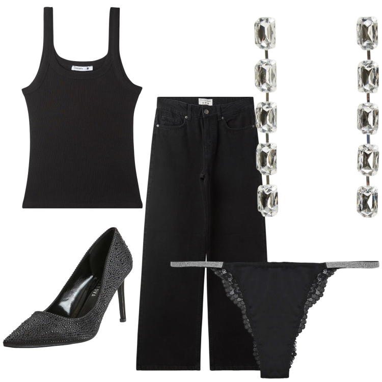Outfit donna - Look basic e accessori brillanti. Stile Glamour per Serata fuori. Abbinamento con décolleté, orecchini, jeans, canottiere, culotte.