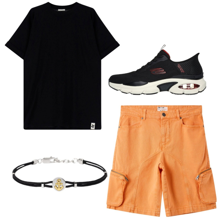 Outfit uomo - Arancio e nero. Stile Casual per Tutti i giorni. Abbinamento con pantaloni corti, braccialetti, t-shirt, sneakers.