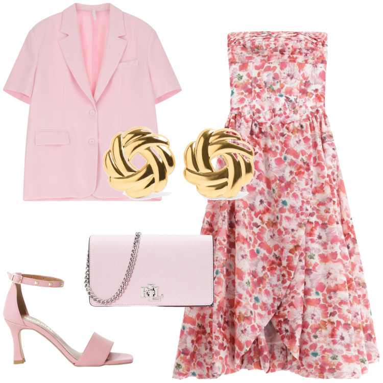 Outfit donna - Total look #2181707. Stile Chic per Serata fuori. Abbinamento con sandali col tacco, blazer, vestiti lunghi, borse a tracolla, orecchini.