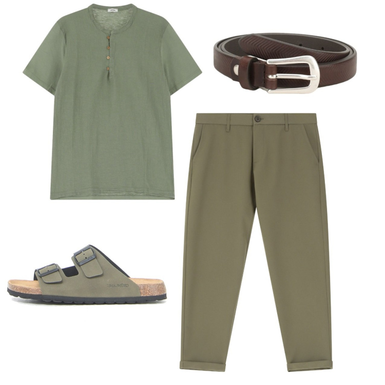 Outfit uomo - Oliva. Stile Casual per Tutti i giorni. Abbinamento con pantaloni chino, cinture, camicie, sandali.