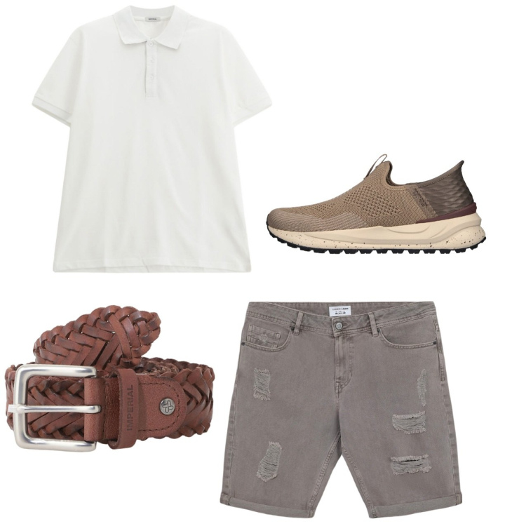 Outfit uomo - Strappi. Stile Casual per Tutti i giorni. Abbinamento con bermuda, cinture, polo, sneakers.