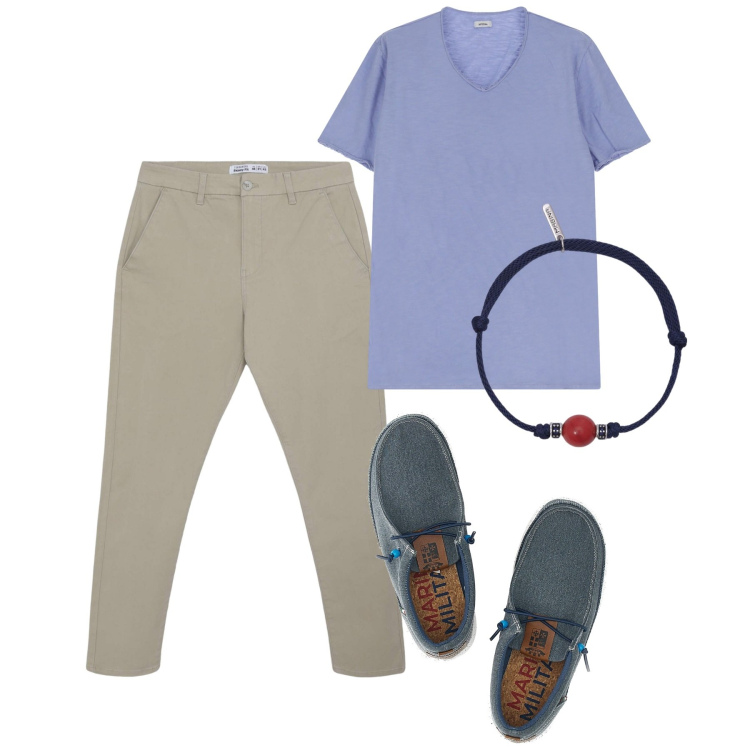 Outfit uomo - Giugno. Stile Casual per Tutti i giorni. Abbinamento con pantaloni chino, braccialetti, t-shirt, scarpe stringate.