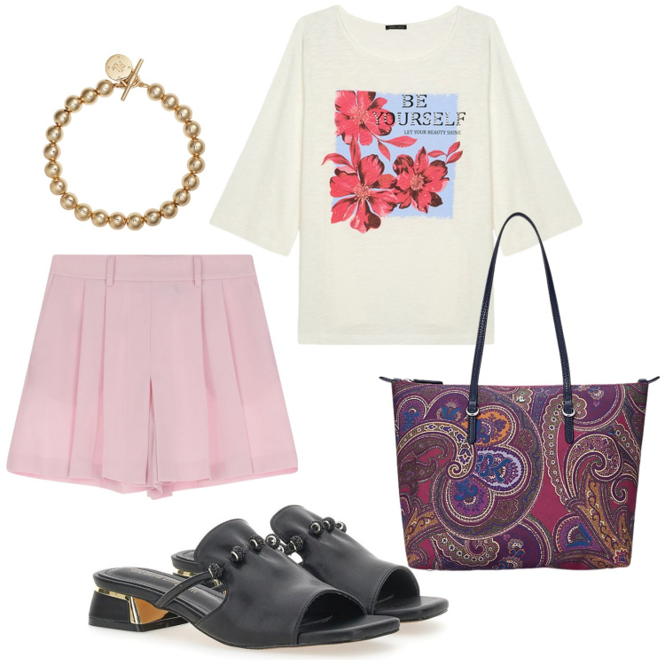 Outfit donna - Estate. per Tutti i giorni. Abbinamento con gonne, braccialetti, borse tote, ciabatte, t-shirt.