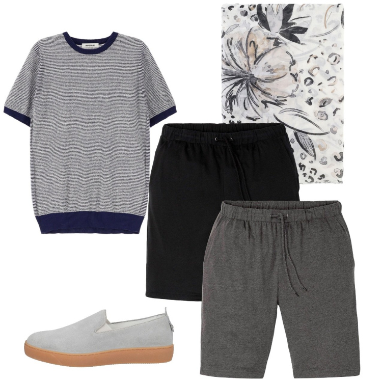 Outfit uomo - Corto. Stile Casual per Tutti i giorni. Abbinamento con bermuda, sneakers, maglieria, sciarpe e foulard.