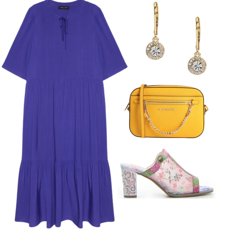 Outfit donna - Cena in famiglia. per Serata fuori. Abbinamento con borse a tracolla, orecchini, vestiti lunghi, sabot.