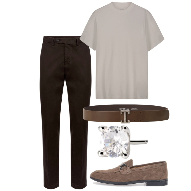 Outfit uomo - Giugno. Stile Casual per Tutti i giorni. Abbinamento con orecchini, cinture, pantaloni chino, t-shirt, scarpe stringate.