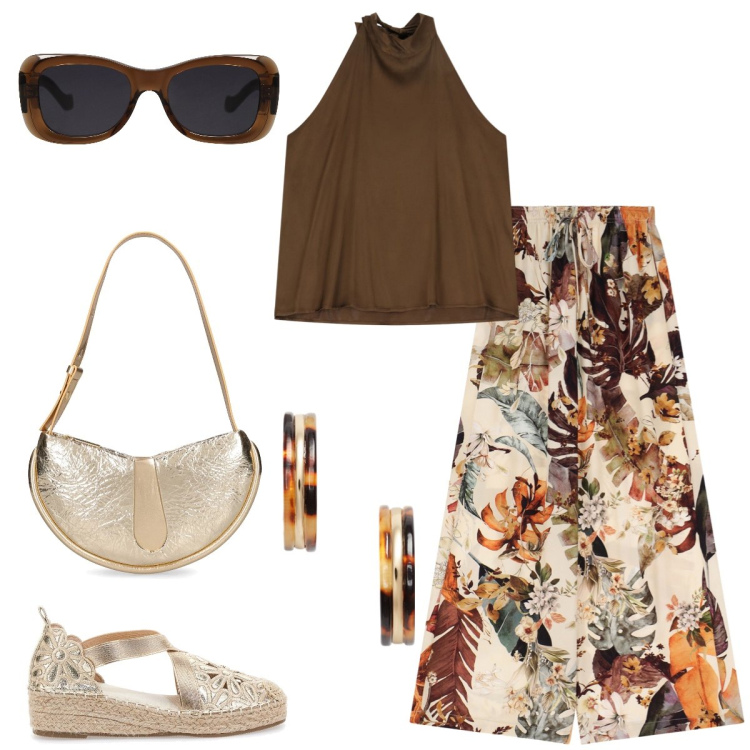 Outfit donna - Tempo libero. Stile Casual per Tutti i giorni. Abbinamento con occhiali da sole, pantaloni a palazzo, top, orecchini, espadrillas, borse a spalla.