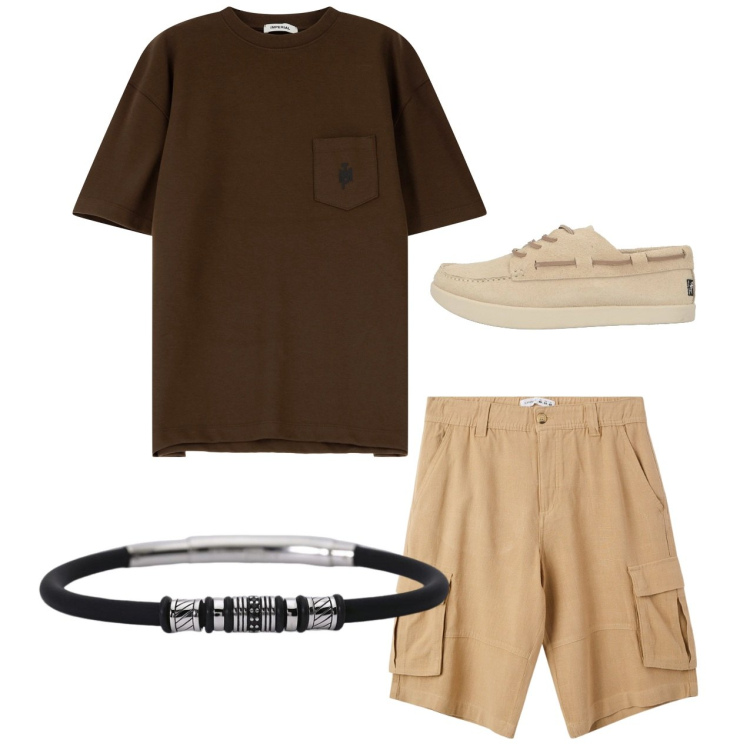Outfit uomo - Bermuda. Stile Casual per Tutti i giorni. Abbinamento con scarpe stringate, t-shirt, pantaloni corti, braccialetti.