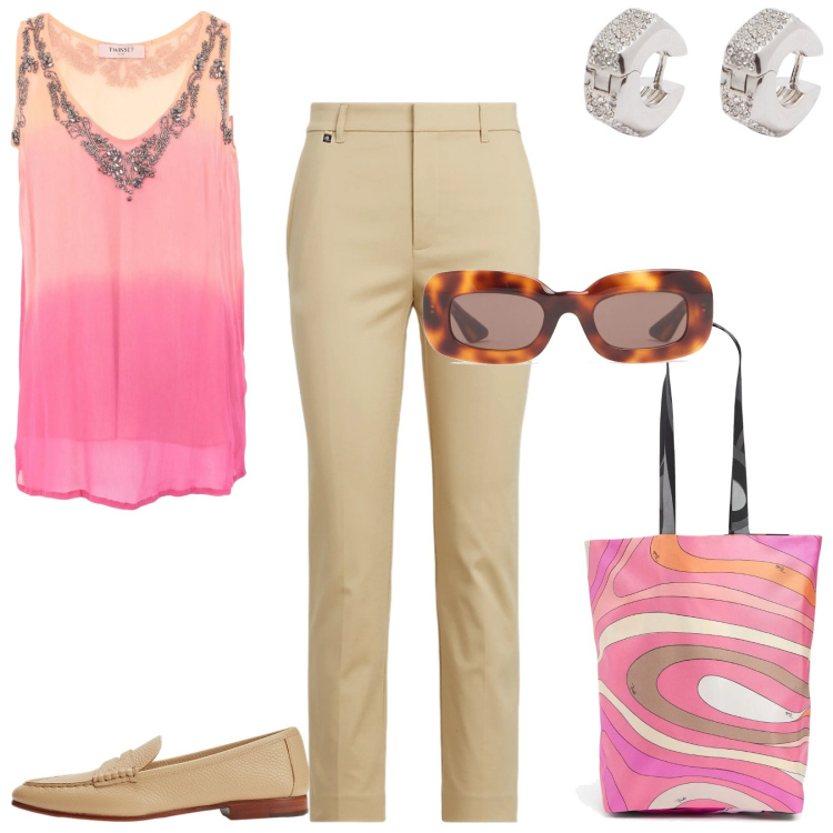Outfit donna - Estate a colori!. Stile Casual chic per Tutti i giorni. Abbinamento con top, mocassini, pantaloni, orecchini, occhiali da sole, shopping bag.
