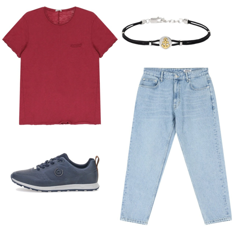 Outfit uomo - Rosso e jeans. Stile Casual per Tutti i giorni. Abbinamento con braccialetti, jeans, t-shirt, sneakers.