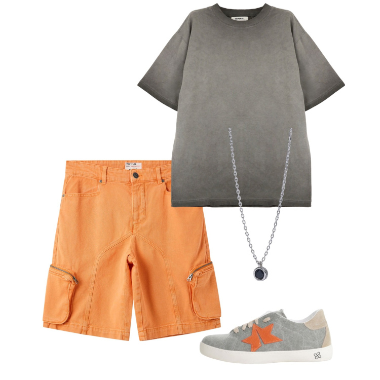 Outfit uomo - Giugno. Stile Casual per Tutti i giorni. Abbinamento con pantaloni corti, collane, t-shirt, sneakers.
