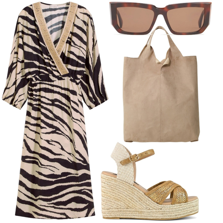 Outfit donna - Apposto così. per Tutti i giorni. Abbinamento con vestiti midi/longuette, shopping bag, zeppe, occhiali da sole.