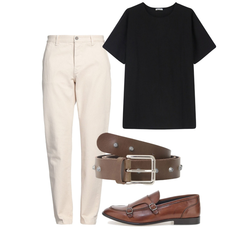 Outfit uomo - Giugno. Stile Casual per Tutti i giorni. Abbinamento con pantaloni chino, cinture, t-shirt, scarpe stringate.