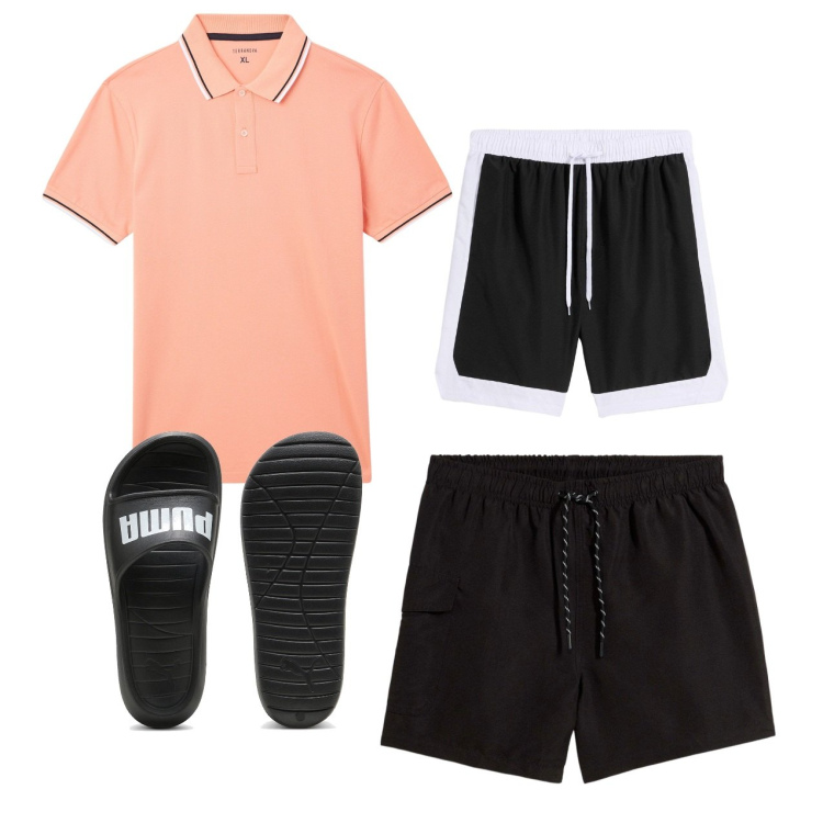 Outfit uomo - Mare. Stile Casual per Mare. Abbinamento con pantaloni corti, costumi, polo, sandali.