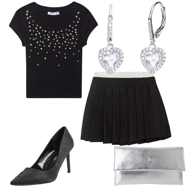 Outfit donna - Con la tshirt si brilla. Stile Glamour per Serata fuori. Abbinamento con minigonne, t-shirt, décolleté, orecchini, pochette.