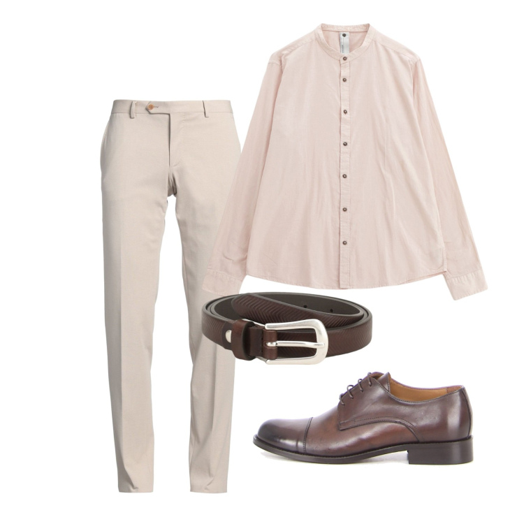 Outfit uomo - Giugno cipria. Stile Casual per Tutti i giorni. Abbinamento con pantaloni, cinture, camicie, scarpe stringate.