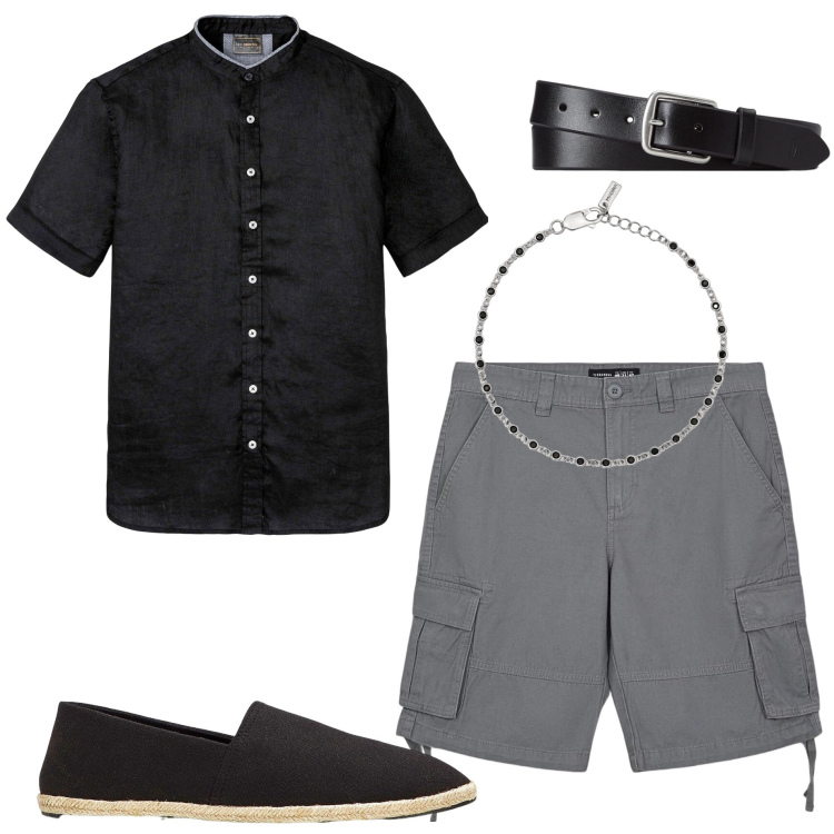 Outfit uomo - Giornata relax. Stile Casual per Tutti i giorni. Abbinamento con camicie a manica corta, espadrillas, bermuda, braccialetti, cinture.