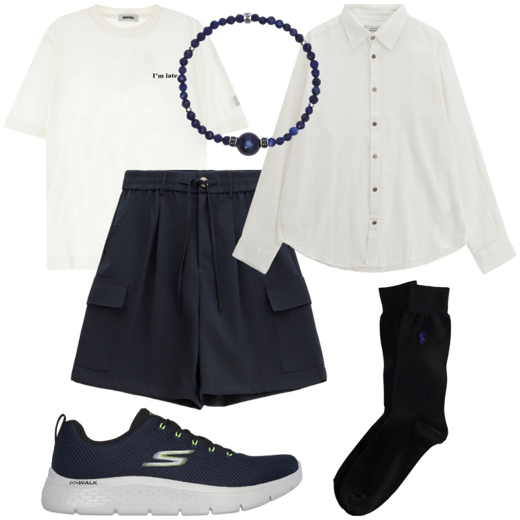 Outfit uomo - Vacation. Stile Trendy per Tutti i giorni. Abbinamento con braccialetti, bermuda, t-shirt, camicie, calzini, sneakers.