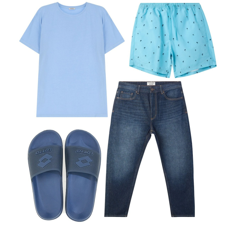 Outfit uomo - Mare blu. Stile Casual per Mare. Abbinamento con jeans, costumi, t-shirt, sandali.