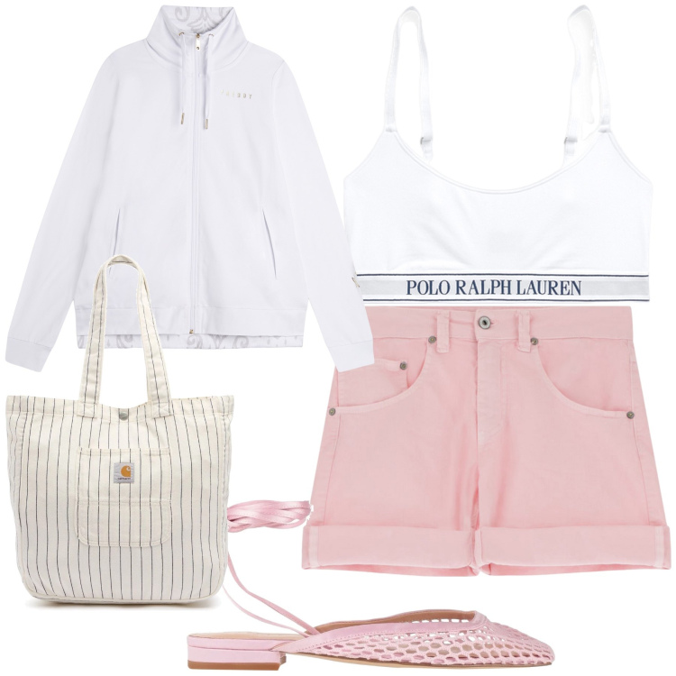 Outfit donna - La felpa per il vento. Stile Casual chic per Tutti i giorni. Abbinamento con ballerine, shorts, felpe, canottiere, borse tote.