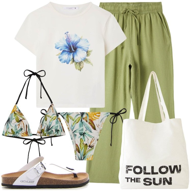 Outfit donna - Giornata al mare. Stile Casual per Mare. Abbinamento con shopping bag, pantaloni, t-shirt, bikini, bikini, infradito.