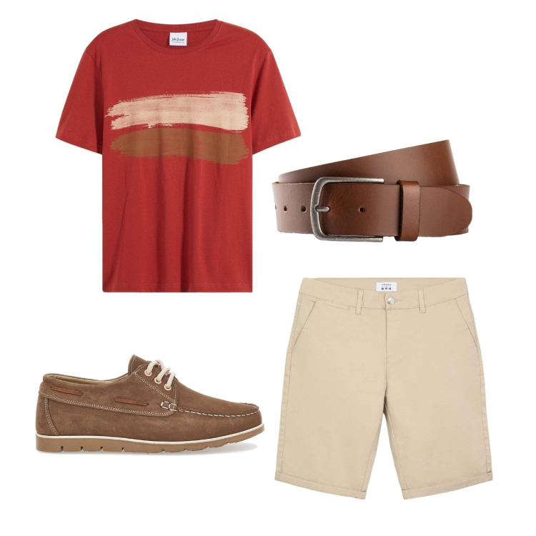 Outfit uomo - Red. Stile Casual per Tutti i giorni. Abbinamento con cinture, t-shirt, bermuda, scarpe stringate.