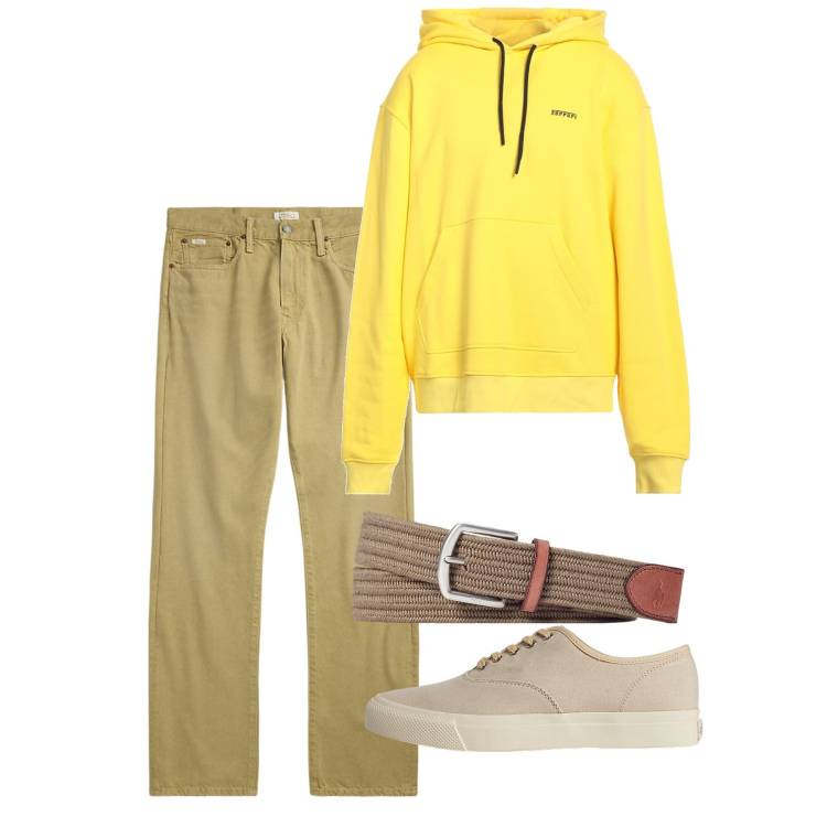 Outfit uomo - Felpa a giugno. Stile Casual per Serata speciale. Abbinamento con felpe con cappuccio, sneakers, cinture, jeans dritti.