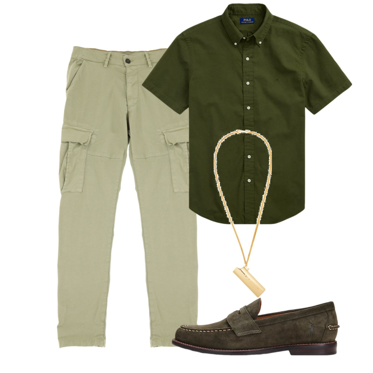 Outfit uomo - Giugno. Stile Casual per Tutti i giorni. Abbinamento con collane, pantaloni cargo, scarpe stringate, camicie.