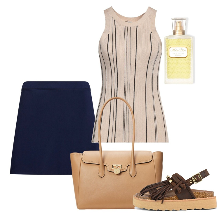 Outfit donna - Giugno. Stile Chic per Tutti i giorni. Abbinamento con canottiere, profumi, minigonne, borse a mano, sandali.